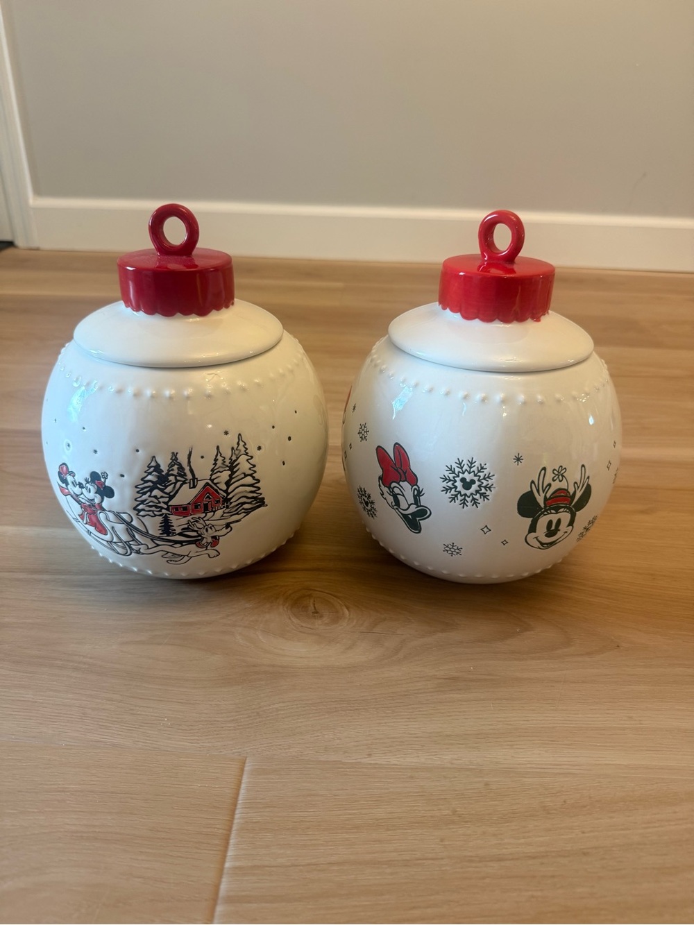 Disney Red and White Ceramic Holiday Ornament Canister Pair NWOT